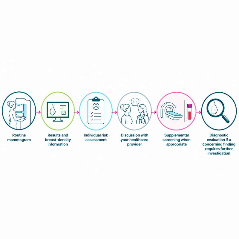 Six-step breast screening pathway from routine mammogram through risk assessment and supplemental screening to diagnostic evaluation.