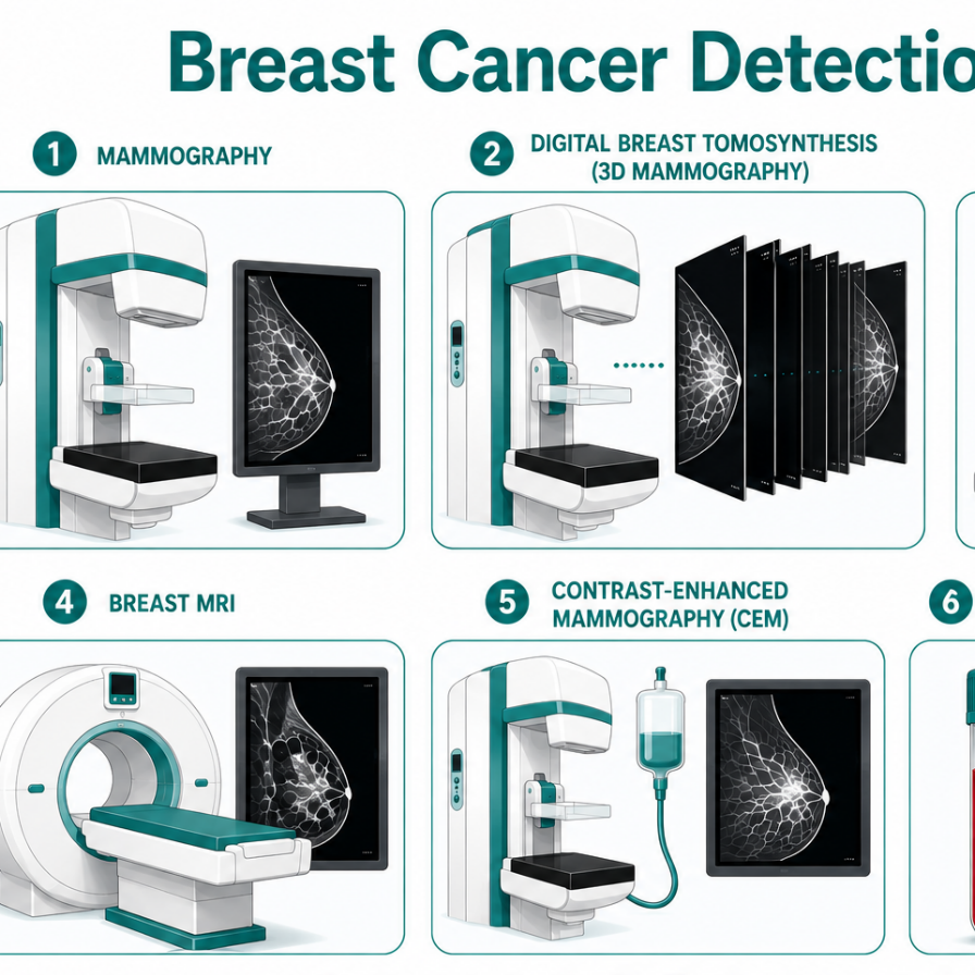 Illustration comparing breast cancer detection tests including mammography, ultrasound, MRI, and contrast-enhanced MRI.