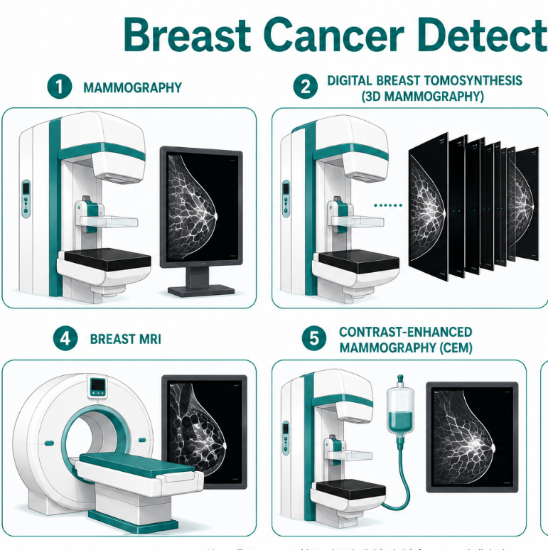 Overview of breast cancer detection tests, including mammography, digital breast tomosynthesis, ultrasound, MRI, contrast-enhanced mammography, and blood-based testing.