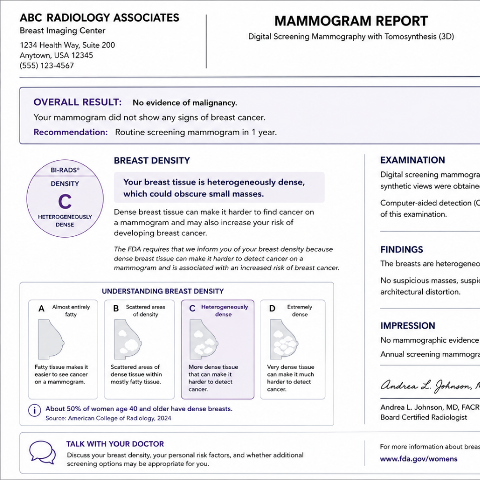 Mammogram report showing no evidence of malignancy and heterogeneously dense breast tissue.