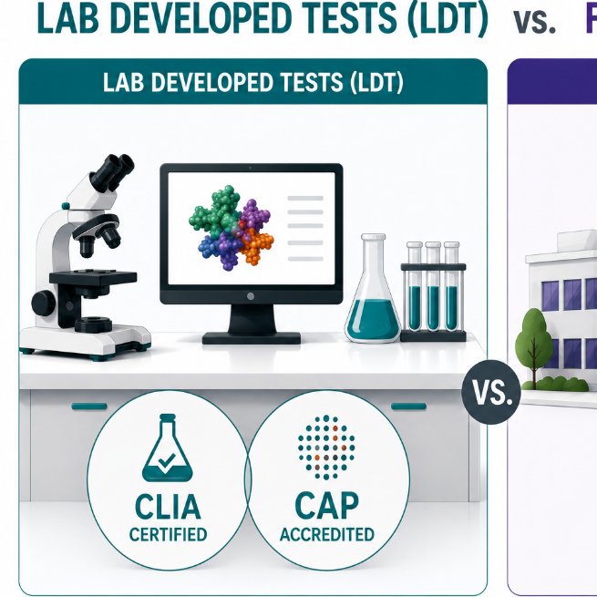 Comparison between lab-developed tests (LDT) and FDA-approved tests, highlighting their certification and accreditation differences.
