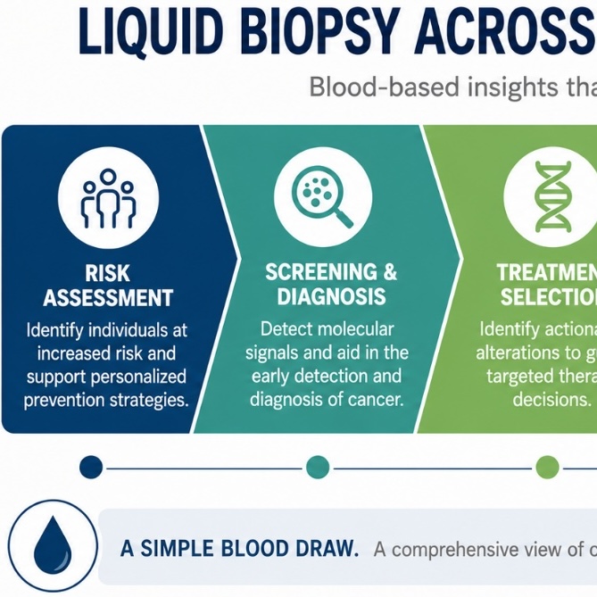 Diagram of a cancer care pathway highlighting blood-based biomarkers for diagnosis, treatment selection, monitoring, and early detection.
