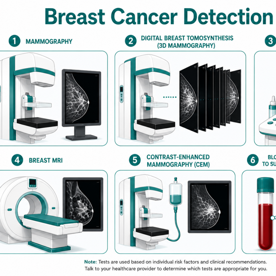 Illustration comparing breast cancer detection tests including mammography, ultrasound, MRI, and contrast-enhanced MRI.