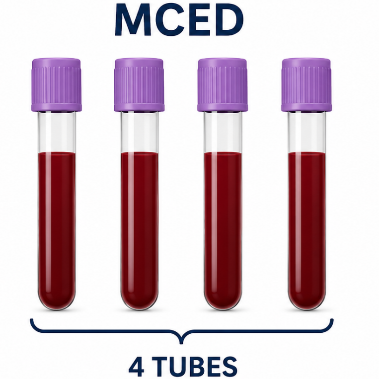 Comparison of a single test tube with one drop versus four test tubes with four drops each, illustrating the difference in detection concentration between single-cancer and multi-cancer tests.