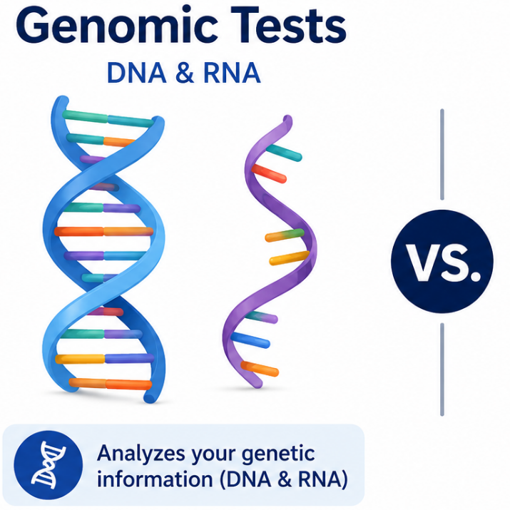 Comparison of genomic and proteomic tests, illustrating DNA and RNA analysis versus protein examination in blood.