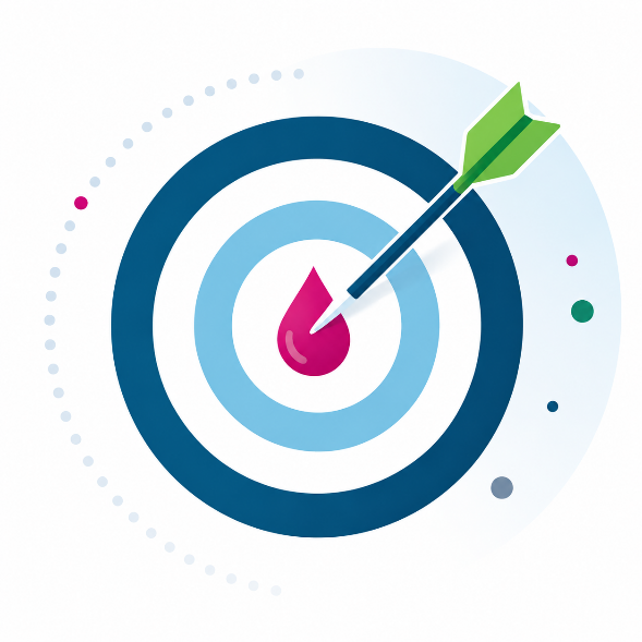 Illustration of an arrow hitting the center of a target, where the bullseye is a drop of blood.