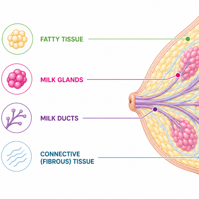 Anatomical illustration of breast tissue labeled fatty tissue, milk glands, milk ducts, and connective fibrous tissue.