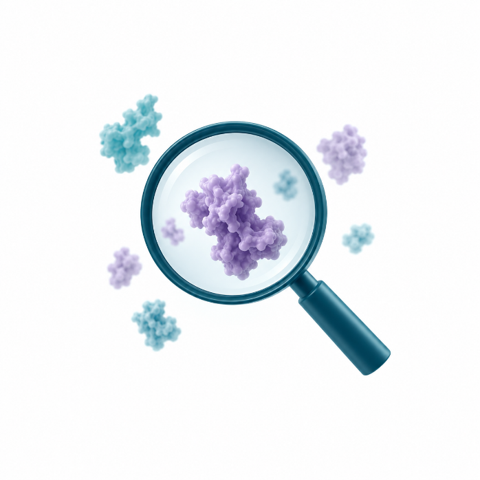 Magnifying glass held over clustered protein molecules, representing looking for cancer signals earlier.